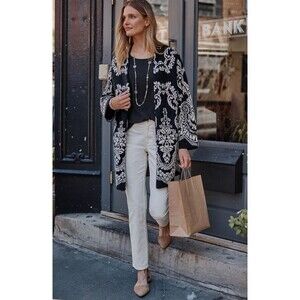 J Jill Cardigan Sweater Size XL Petite Long Jacquard Open Front Black